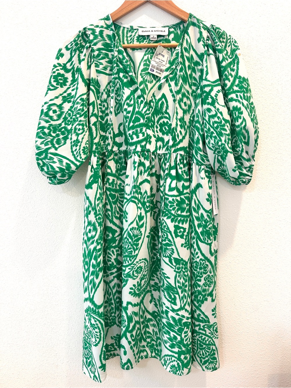Women’s Small Green Paisley Puff-Sleeve Dress